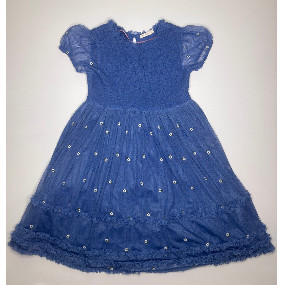 Mini Boden Girls Blue Tulle Smocked Floral Embroidered Dress Size 11-12Y